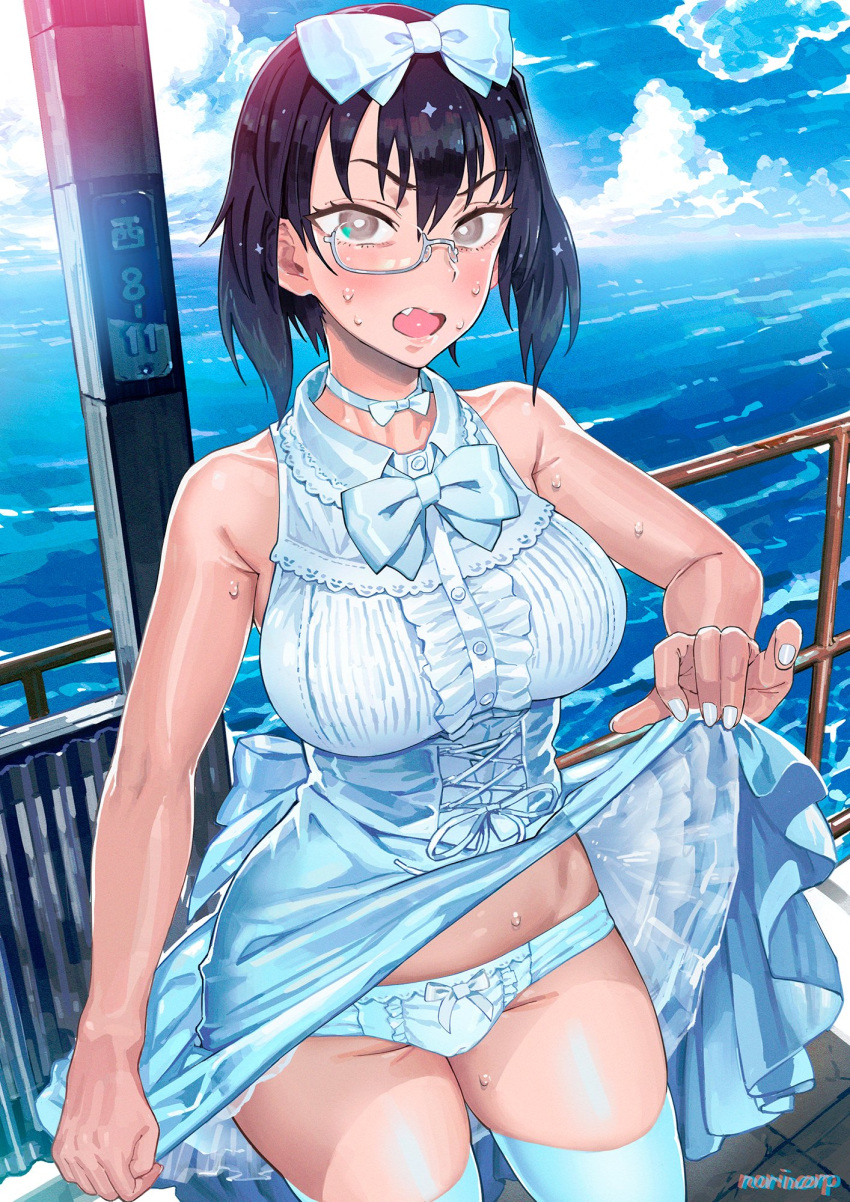 1girl armpit_crease artist_name back_bow bangs bare_arms bare_shoulders black_hair blue_bow blue_choker blue_legwear blue_neckwear blue_panties blush bow bow_choker bow_panties bowtie breasts bright_pupils brown_eyes buttons center_frills choker collarbone collared_dress commentary_request cowboy_shot cross-laced_clothes day dress dress_lift embarrassed fang fingernails frilled_dress frilled_panties frills girls_und_panzer groin hair_between_eyes hair_bow hand_up highres horizon kawashima_momo large_breasts lifted_by_self looking_at_viewer monocle nail_polish norinco ocean open_mouth outdoors panties railing semi-rimless_eyewear short_hair silver-framed_eyewear sleeveless sleeveless_dress solo standing sweat thighhighs under-rim_eyewear underwear v-shaped_eyebrows water wavy_mouth white_nails white_pupils
