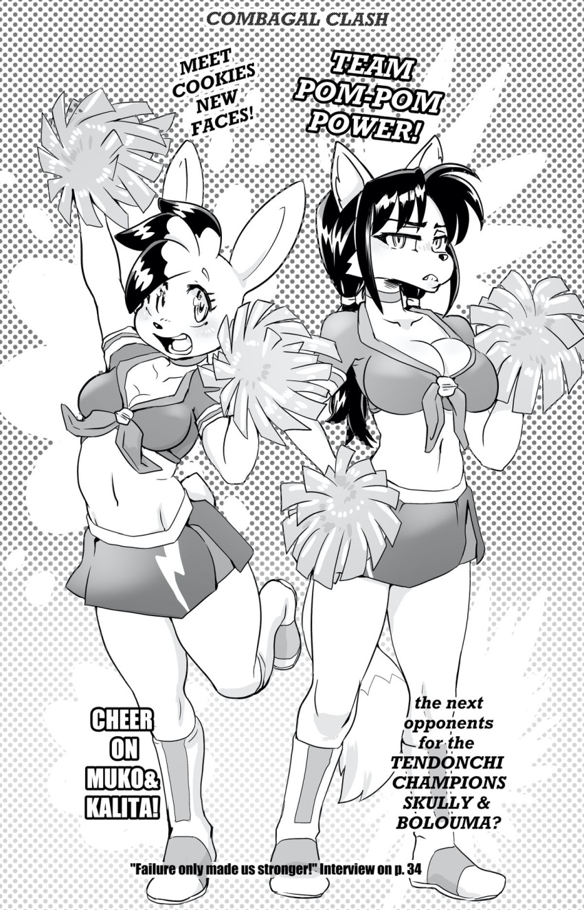 anthro canid canine cheerleader_outfit clothed clothing daigaijin duo english_text female fox fur furryfight_chronicles hair hi_res kalita_(furryfight_chronicles) lagomorph leporid mammal midriff muko navel pom_poms rabbit text
