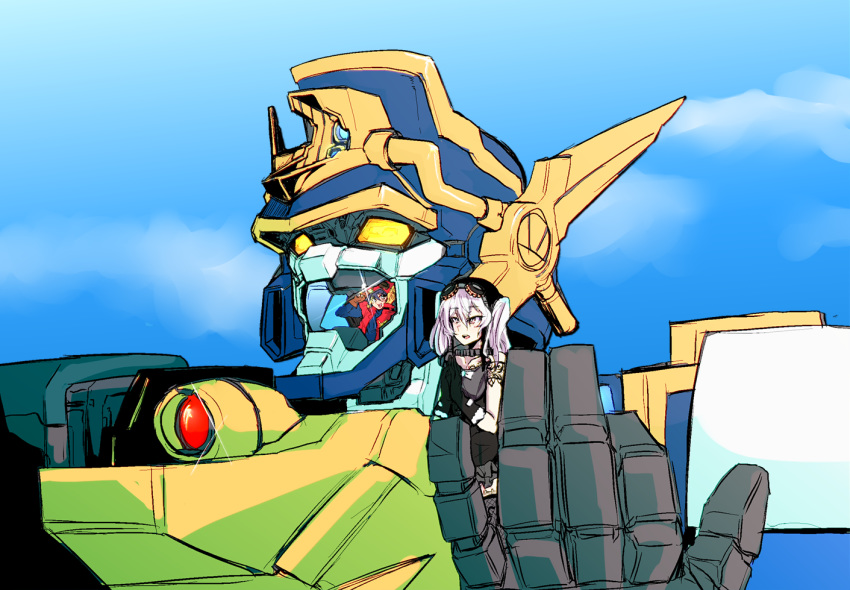 1girl 2boys blue_eyes blue_hair glowing glowing_eyes grey_hair holding_person looking_ahead mecha mengnaidu might_gaine multiple_boys nine_(super_robot_wars) open_mouth purple_eyes senpuuji_maito super_robot super_robot_wars super_robot_wars_v twintails yellow_eyes yuusha_series yuusha_tokkyuu_might_gaine