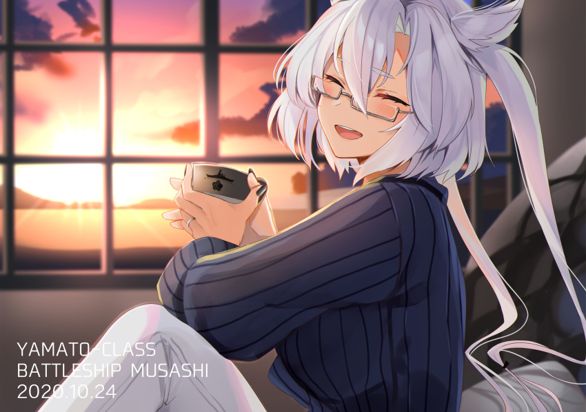 1girl alternate_costume bangs black_sweater casual closed_eyes cloud commentary_request cup dark_skin dated evening glasses hair_between_eyes highres holding holding_cup indoors kantai_collection light_brown_hair long_hair long_sleeves musashi_(kantai_collection) open_mouth orange_sky pants pointy_hair ribbed_sweater sky smile solo sun sunset sweater twintails two_side_up white_pants window yunamaro