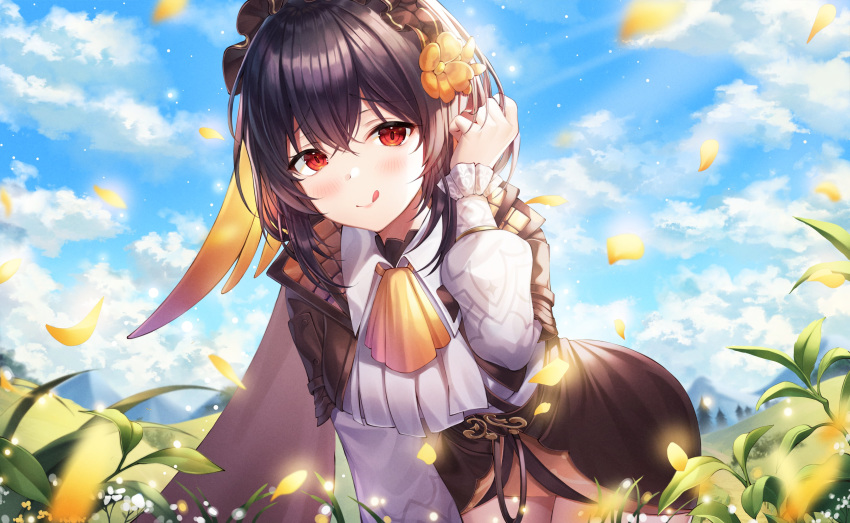 1girl :q absurdres ascot bent_over black_hair black_skirt blue_sky character_request closed_mouth cloud cloudy_sky collared_shirt cowboy_shot day hand_up headdress highres honkai_(series) honkai_impact_3rd leaf leaves_in_wind long_sleeves looking_at_viewer meadow medium_hair mellozzo miniskirt mirrored naughty_face outdoors petals puffy_sleeves red_eyes shirt skirt sky smile solo standing sunlight tongue tongue_out white_shirt