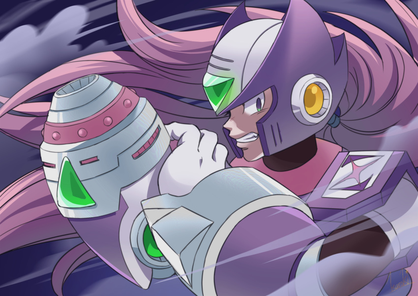 1boy absurdres android arm_cannon armor blonde_hair clenched_teeth fang gloves green_eyes helmet highres kurokiseow long_hair male_focus ponytail robot rockman rockman_x solo sword teeth upper_body very_long_hair weapon zero_(rockman)