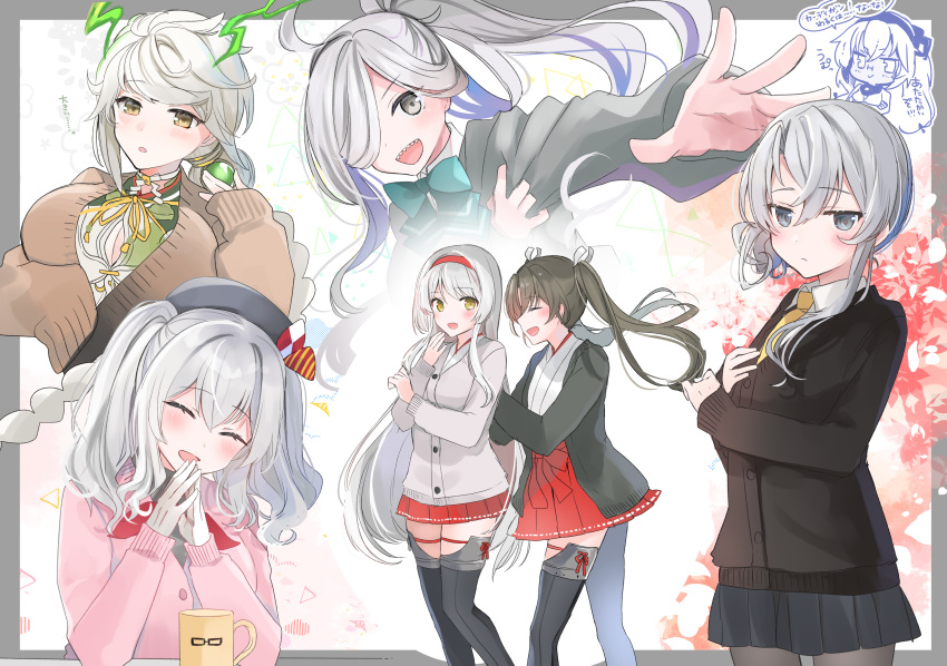 6+girls absurdres ahoge alternate_costume aqua_neckwear asashimo_(kantai_collection) beret black_legwear black_skirt blush border bow bowtie braid breasts cardigan cleavage closed_eyes cup eyebrows_visible_through_hair glasses grey_border grey_hair hair_ornament hair_over_one_eye hair_ribbon hairband hakama hakama_skirt hat highres japanese_clothes kantai_collection kashima_(kantai_collection) large_breasts long_hair long_sleeves mug multiple_girls musashi_(kantai_collection) necktie nowaki_(kantai_collection) open_mouth pantyhose pleated_skirt ponytail red_hakama ribbon sharp_teeth shoukaku_(kantai_collection) silver_hair single_braid skirt teeth thighhighs translation_request twintails unryuu_(kantai_collection) white_hair yellow_eyes yellow_neckwear yunamaro zuikaku_(kantai_collection)