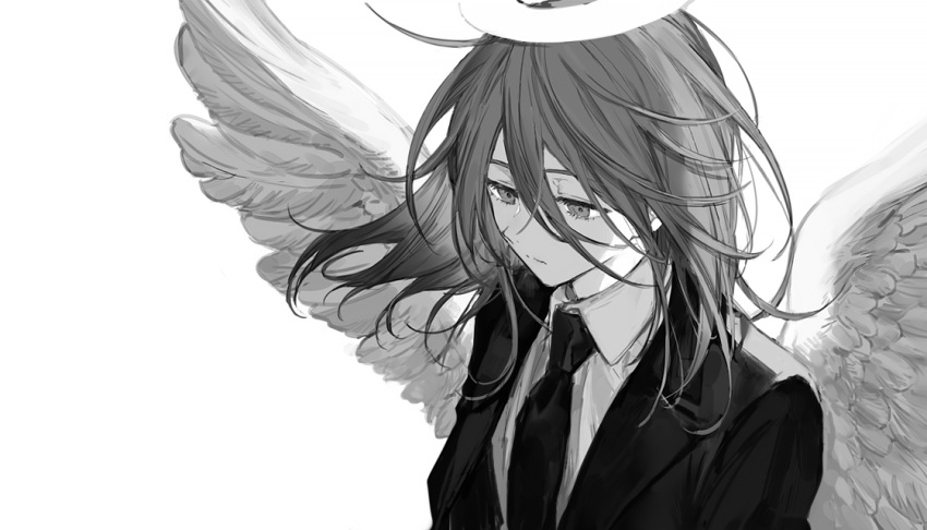 1boy akira_hou androgynous angel angel_devil_(chainsaw_man) angel_wings bangs business_suit chainsaw_man closed_mouth formal greyscale hair_between_eyes halo jacket long_hair male_focus monochrome necktie simple_background solo suit upper_body wings