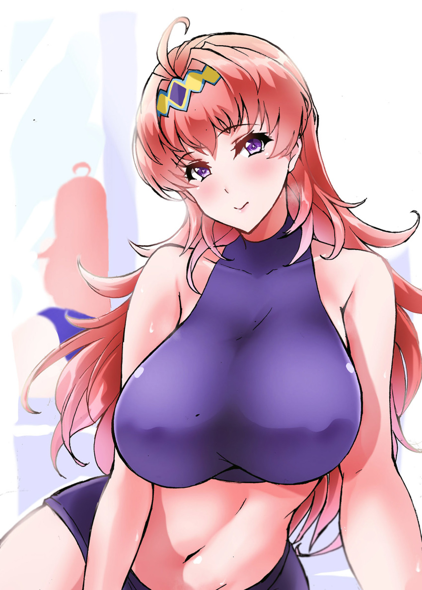 1girl bolobolo breasts charlotte_hasting cowlick highres large_breasts leaning_to_the_side long_hair looking_at_viewer mature midriff navel purple_eyes red_hair smile solo super_robot_wars super_robot_wars_v