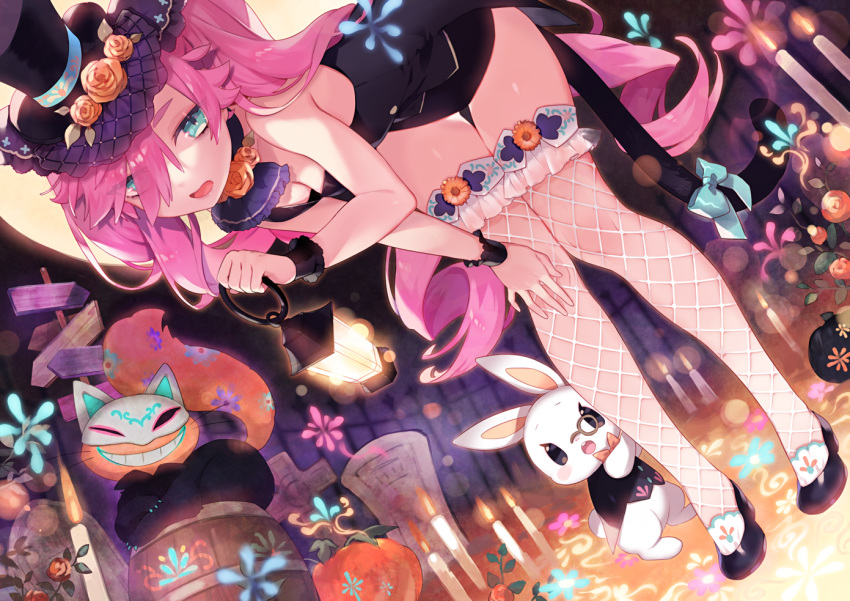 animal aqua_eyes bunny cat flowers halloween hat long_hair original sa9no thighhighs twintails waifu2x