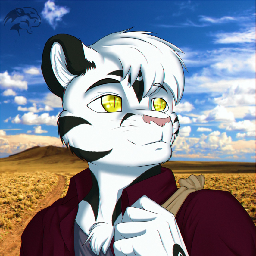 1:1 anthro black_body black_fur clothed clothing detailed_background felid fur hair hi_res male mammal multicolored_body multicolored_fur pantherine raynadkins smile solo tiger two_tone_body two_tone_fur white_body white_fur white_hair yellow_eyes