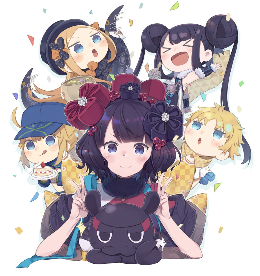 &gt;_&lt; 1boy 4girls :d :q abigail_williams_(fate/grand_order) animal arm_up armpits artoria_pendragon_(all) bangs baseball_cap black_dress black_hair black_kimono blonde_hair blue_eyes blue_headwear blush brown_scarf cake cake_slice closed_eyes commentary_request confetti double_bun double_v dress eyebrows_visible_through_hair fate/grand_order fate/requiem fate_(series) food fruit hair_through_headwear hat highres holding holding_plate japanese_clothes katsushika_hokusai_(fate/grand_order) kimono long_hair long_sleeves motion_lines multiple_girls mysterious_heroine_xx_(foreigner) octopus open_mouth parted_bangs plate puffy_long_sleeves puffy_sleeves scarf short_sleeves sleeveless sleeveless_dress sleeves_past_wrists smile strawberry tasuki tentacles tokitarou_(fate/grand_order) tongue tongue_out totatokeke twintails v v-shaped_eyebrows very_long_hair voyager_(fate/requiem) white_background xd yang_guifei_(fate/grand_order)