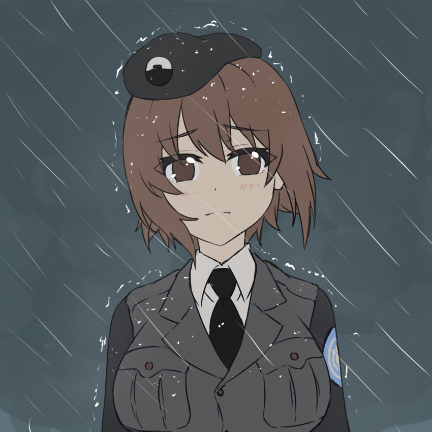 1girl alternate_costume bangs beret black_headwear black_jacket black_neckwear brown_eyes brown_hair closed_mouth cloud cloudy_sky commentary dress_shirt emblem eyebrows_visible_through_hair frown girls_und_panzer grey_sky hat highres jacket japanese_tankery_league_(emblem) kimi_tsuru long_sleeves looking_at_viewer military military_hat military_uniform necktie nishizumi_maho outdoors overcast rain selection_university_(emblem) selection_university_military_uniform shirt short_hair sky solo uniform upper_body white_shirt