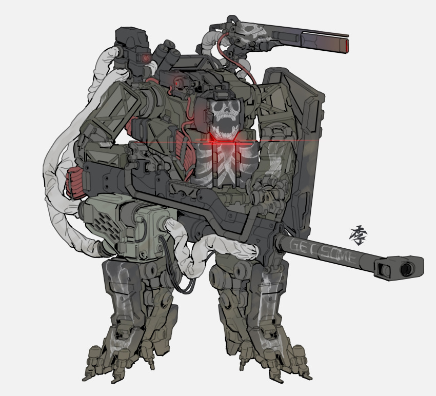 absurdres glowing grey_background gun highres holding holding_gun holding_weapon looking_ahead mecha no_humans obokhan open_mouth original shoulder_cannon skull solo standing weapon