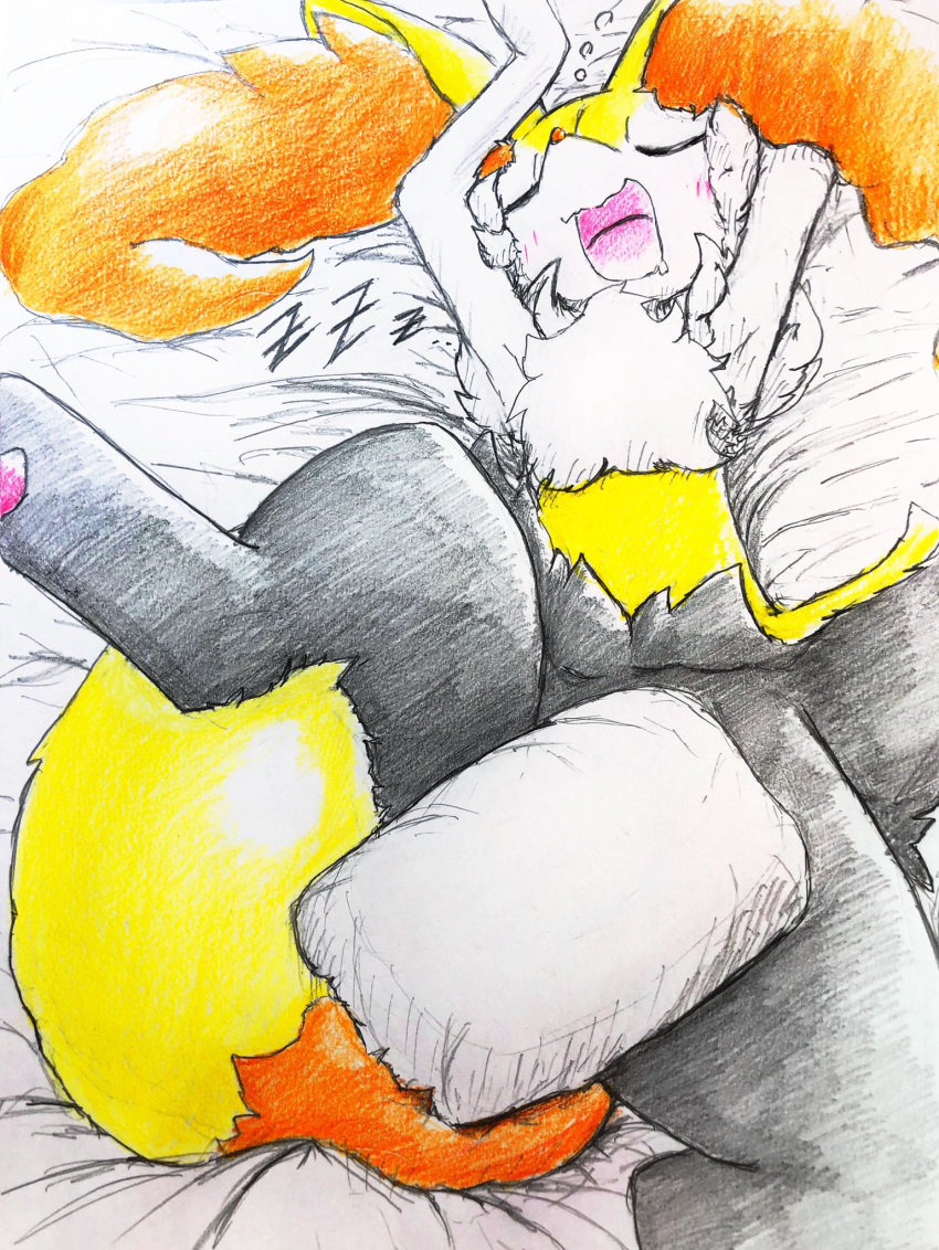 2020 ambiguous_gender arms_above_head bed bed_sheet bedding big_ears blush braixen chest_tuft cute_expression eiroru fluffy fluffy_tail front_view fur furniture hi_res hip_tuft inner_ear_fluff long_tail lying multicolored_body multicolored_fur multicolored_tail nintendo on_back on_bed open_mouth open_smile pok&eacute;mon pok&eacute;mon_(species) portrait semi-anthro shoulder_tuft simple_background sleeping smile solo sound_effects spread_legs spreading traditional_media_(artwork) tuft video_games white_body white_fur zzz