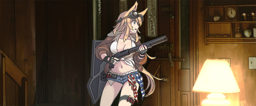 1girl animal_ears blonde_hair blue_eyes blue_shorts breasts brown_jacket cleavage collarbone collared_shirt commentary_request cutoffs denim desk_lamp dog_ears dress_shirt girls_frontline goggles goggles_on_head gun halloween_(movie) holding holding_gun holding_weapon indoors jacket lamp large_breasts long_hair long_sleeves m500_(girls_frontline) midriff mossberg_500 navel open_clothes open_jacket parody shield shirt short_shorts shorts shotgun shotgun_shells solo sweat tab_(tabkun) thigh_strap tied_shirt weapon white_shirt