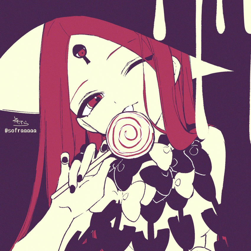1girl abigail_williams_(fate/grand_order) bangs black_background bow candy closed_mouth fate/grand_order fate_(series) food hand_up hat head_tilt highres holding holding_candy holding_food holding_lollipop licking lollipop long_hair monochrome nail_polish one_eye_closed parted_bangs red_eyes red_hair revealing_clothes signature sofra solo swirl_lollipop tongue tongue_out twitter_username upper_body witch_hat