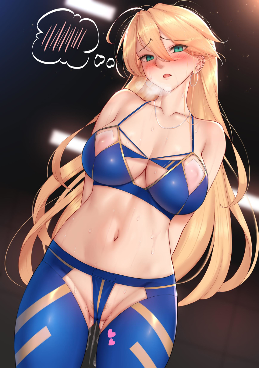 1girl absurdres ahoge artoria_pendragon_(all) artoria_pendragon_(lancer) bangs blonde_hair blush breasts cleavage covered_nipples eyebrows_visible_through_hair fate_(series) genjung green_eyes hair_between_eyes heavy_breathing highres large_breasts long_hair looking_at_viewer partially_visible_vulva pubic_hair revealing_clothes solo