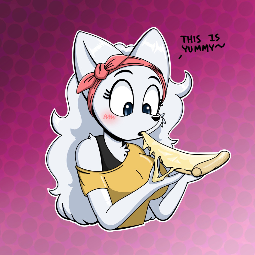 1:1 anthro blanca_(nicky_illust) blush canid canine canis dialogue domestic_dog eating english_text female fluffy food fur hair hi_res long_hair mammal nicky_illust nordic_sled_dog pizza samoyed simple_background solo spitz text white_body white_fur white_hair