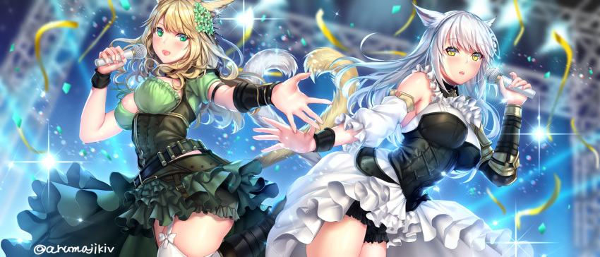 2girls animal_ears armor aruma_jiki asymmetrical_clothes bangs belt blonde_hair blurry blurry_background blush breasts breasts_apart cat_ears cat_tail commentary_request commission detached_sleeves earrings eyebrows_visible_through_hair facial_mark final_fantasy final_fantasy_xiv flower frilled_skirt frills garter_straps green_eyes hair_flower hair_ornament heart_tail_duo holding holding_microphone idol jewelry large_breasts long_hair looking_at_viewer microphone miqo'te multiple_girls open_mouth shoulder_armor skirt slit_pupils stage streamers tail thighhighs twitter_username whisker_markings white_hair white_legwear wrist_cuffs yellow_eyes