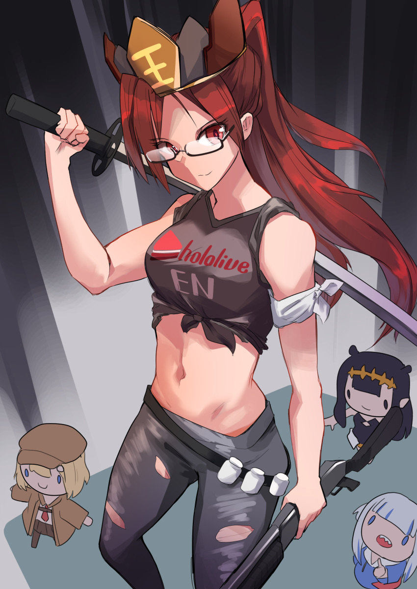 4girls absurdres bangs black_hair blonde_hair breasts chibi crown glasses gun highres holding holding_gun holding_weapon hololive hololive_english katana left_4_dead_2 logo looking_to_the_side medium_breasts midriff multiple_girls navel open_mouth original over_shoulder pointing pompmaker1 red_eyes red_hair sharp_teeth sword teeth virtual_youtuber weapon white_hair