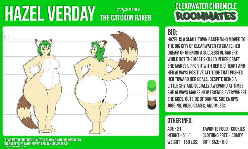 &copy; 5:3 absurd_res anthro big_butt breasts brown_body brown_fur butt chart color_swatch domestic_cat english_text felid feline felis female front_view fur green_eyes green_hair gyro-furry hair hazel_verday height_chart hi_res huge_butt hybrid logo looking_back mammal model_sheet nude procyonid raccoon raised_tail rear_view simple_background smile solo symbol tan_body tan_fur text thick_thighs white_body white_fur