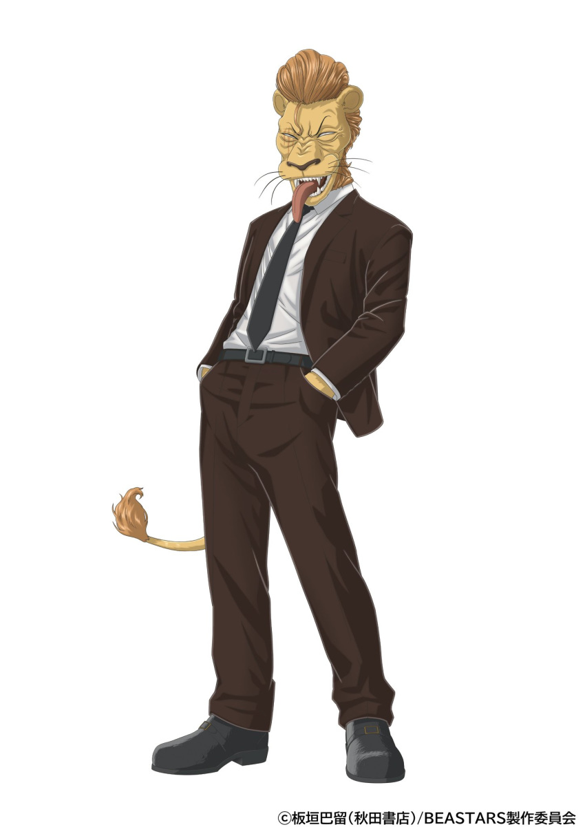 anthro beastars belt bottomwear clothed clothing felid footwear free_(beastars) hands_in_pockets hi_res lion looking_at_viewer male mammal necktie official_art orange_co. pantherine pants pockets scar sharp_teeth shirt shoes simple_background solo suit teeth tongue tongue_out topwear white_background