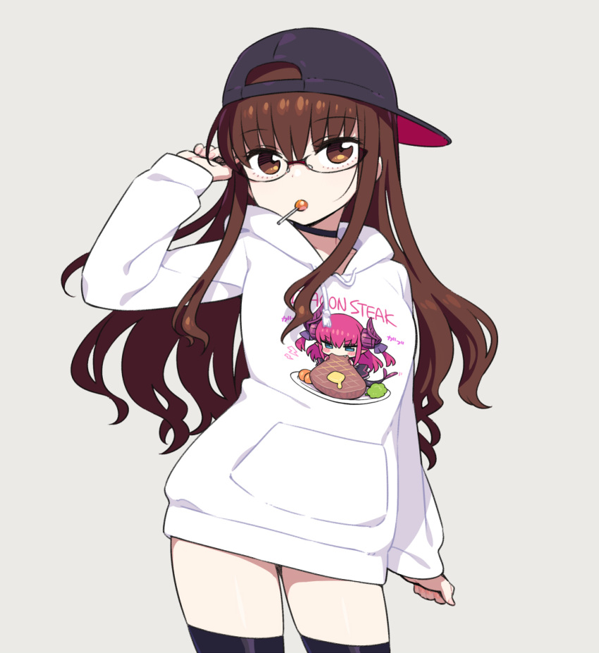 1girl bangs baseball_cap breasts brown_eyes brown_hair candy chan_co choker elizabeth_bathory_(fate) elizabeth_bathory_(fate)_(all) fate/extra fate/extra_ccc fate_(series) food glasses hat highres kishinami_hakuno_(female) lollipop long_hair long_sleeves looking_at_viewer simple_background sweater thighs