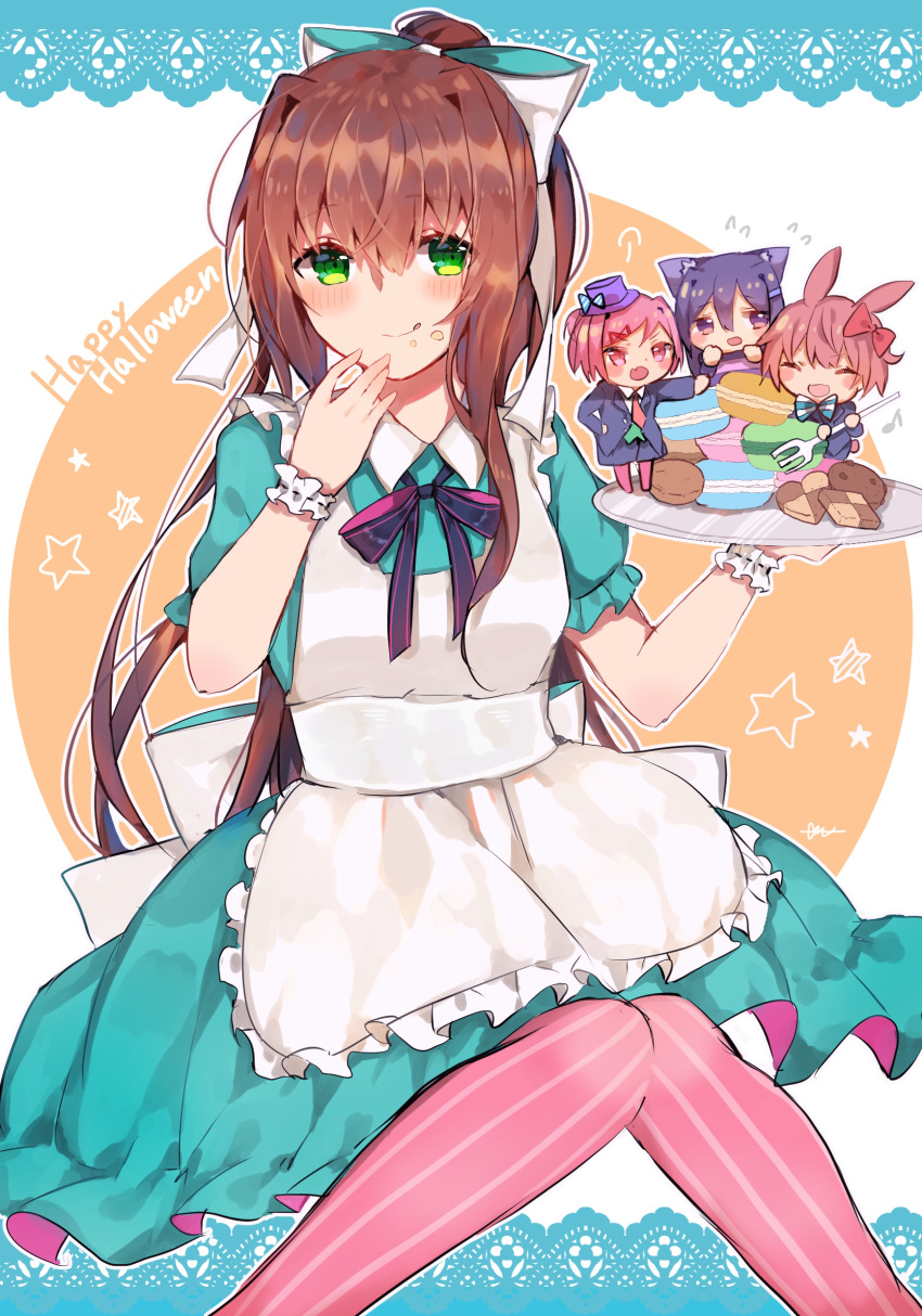 4girls :q absurdres alice_(wonderland) alice_(wonderland)_(cosplay) alternate_costume apron az_37331m bow brown_hair checkerboard_cookie cheshire_cat cheshire_cat_(cosplay) chibi cookie cosplay doki_doki_literature_club flying_sweatdrops food food_on_face fork frilled_apron frills green_eyes halloween halloween_costume highres holding holding_tray knees_together_feet_apart lace_border long_hair macaron mad_hatter mad_hatter_(cosplay) monika_(doki_doki_literature_club) multiple_girls musical_note natsuki_(doki_doki_literature_club) pink_legwear ponytail puffy_short_sleeves puffy_sleeves sayori_(doki_doki_literature_club) short_sleeves sitting solo_focus star_(symbol) striped striped_legwear sweat tongue tongue_out tray vertical-striped_legwear vertical_stripes white_apron white_bow wrist_cuffs yuri_(doki_doki_literature_club)