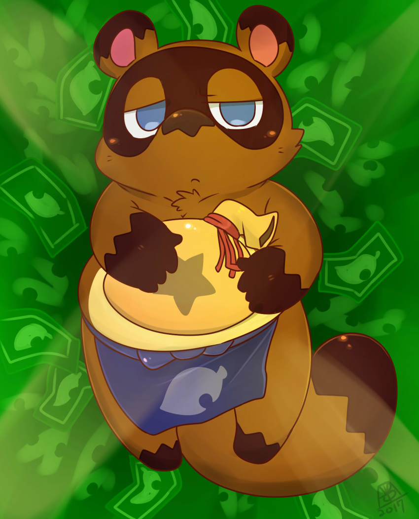 animal_crossing anthro brown_body brown_fur canid canine chibi fur hi_res male mammal money money_bag nintendo overweight overweight_anthro overweight_male raccoon_dog solo tanuki tiri_mama tom_nook_(animal_crossing) video_games