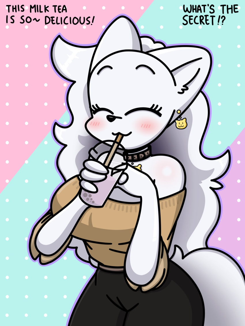 3:4 anthro beverage blanca_(nicky_illust) blush bubble_tea canid canine canis domestic_dog drinking ear_piercing ear_ring english_text eyes_closed female fluffy fluffy_tail fur hair hi_res long_tail mammal nicky_illust nordic_sled_dog piercing samoyed simple_background solo spitz text white_body white_fur white_hair