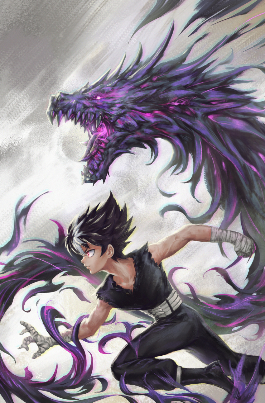 1boy absurdres bandaged_arm bandaged_hands bandages belt black_hair closed_mouth dragon fire freichien glowing glowing_eyes hiei_(yuu_yuu_hakusho) highres male_focus open_mouth purple_eyes purple_fire red_eyes sharp_teeth signature solo spiked_hair teeth tongue torn torn_clothes veins white_hair yuu_yuu_hakusho