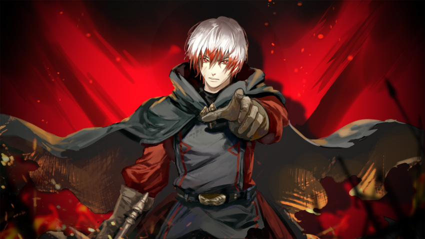 1boy achyue belt brown_gloves burnt burnt_clothes cape embers eyebrows_visible_through_hair ezel_the_king_of_fire_and_iron fire gloves grey_cape highres holding holding_sword holding_weapon male_focus multicolored multicolored_hair parted_lips pixiv_fantasia pixiv_fantasia_last_saga pointing pointing_at_viewer red_eyes red_hair solo sword weapon white_hair