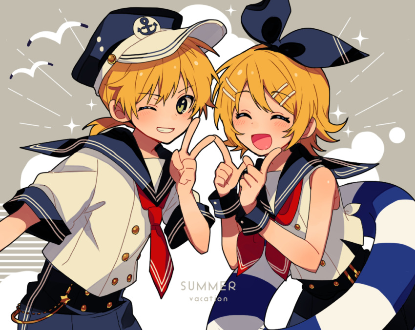 anchor_symbol aren_(fubuki-46) ascot bare_shoulders bird blonde_hair blush bow brother_and_sister cabbie_hat green_eyes grin hair_bow hair_ornament hairclip happy hat index_finger_raised kagamine_len kagamine_rin lifebuoy necktie red_neckwear sailor_collar sailor_hat sailor_shirt seagull shirt short_hair short_ponytail short_sleeves siblings sleeveless sleeveless_shirt smile sparkle twins v vocaloid wrist_cuffs