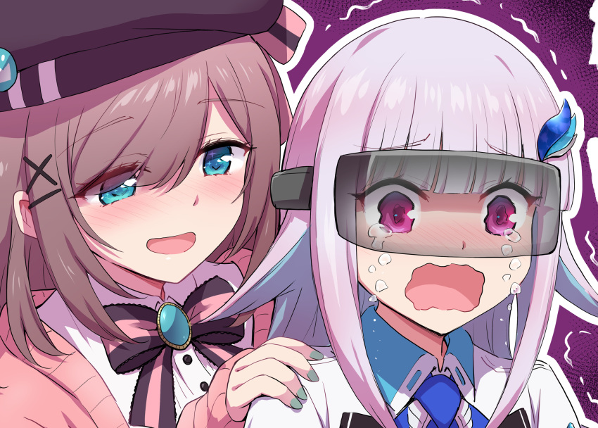 2girls :d aqua_eyes beret blue_hair blue_neckwear blush bow bowtie breasts brown_hair cardigan crying crying_with_eyes_open eyebrows_visible_through_hair hair_ornament hand_on_another's_shoulder hat head_mounted_display highres holding jacket lize_helesta long_hair marugoshi_(54burger) multicolored_hair multiple_girls nail_polish nijisanji nose_blush open_mouth pink_cardigan purple_eyes shirt smile suzuhara_lulu tears upper_body virtual_youtuber wavy_mouth white_hair white_jacket white_shirt wing_collar