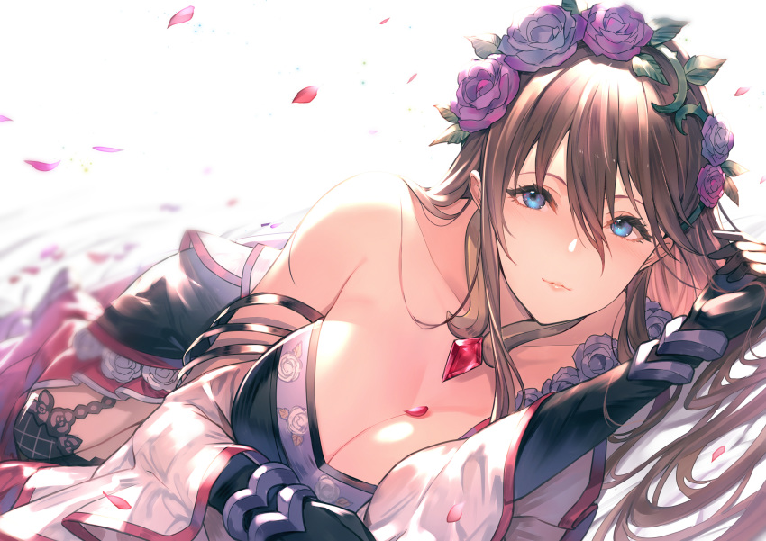 1girl bangs bare_shoulders blue_eyes blush breasts brown_hair cleavage collarbone dress elbow_gloves flower gloves granblue_fantasy hair_between_eyes hair_flower hair_ornament highres kakage large_breasts long_hair looking_at_viewer lying on_stomach petals purple_flower purple_rose rose rosetta_(granblue_fantasy) ruby_(gemstone) sidelocks smile solo thighhighs very_long_hair