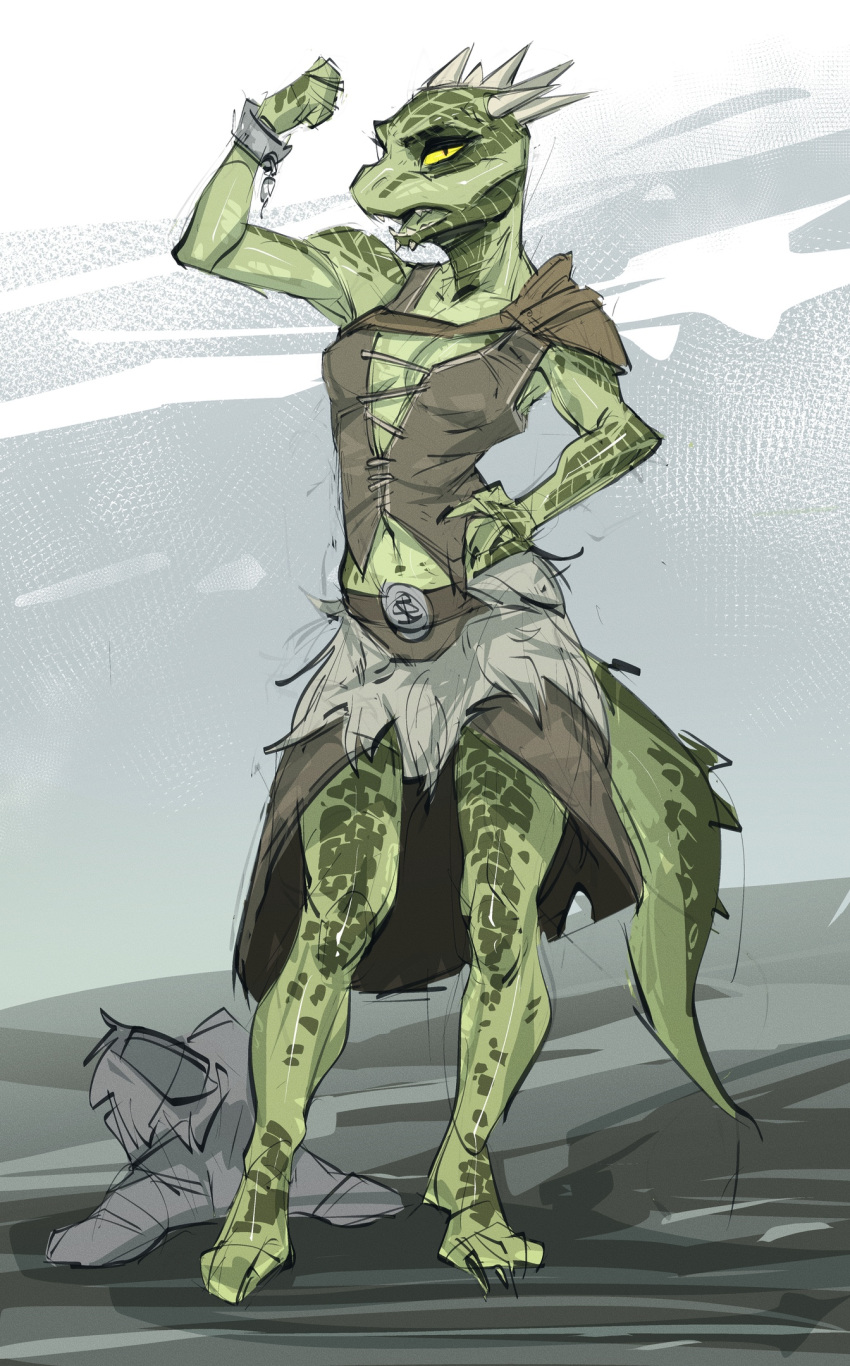 anthro argonian armor barefoot belt bethesda_softworks breasts claws clothed clothing deeja feet female flexing green_body green_scales hi_res humanoid_feet johnfoxart looking_at_viewer pauldron scales scalie skyrim solo the_elder_scrolls toe_claws video_games