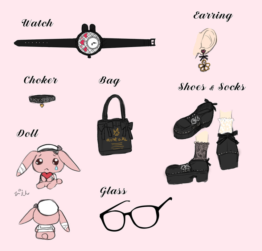 1girl bag beret black-framed_eyewear black_footwear brown_legwear choker earrings english_text glasses grey_choker handbag hat heart hololive jewelry minamura_haruki multiple_views natsuiro_matsuri pink_background platform_footwear shoes simple_background socks stuffed_animal stuffed_bunny stuffed_toy virtual_youtuber watch white_headwear white_legwear wristwatch