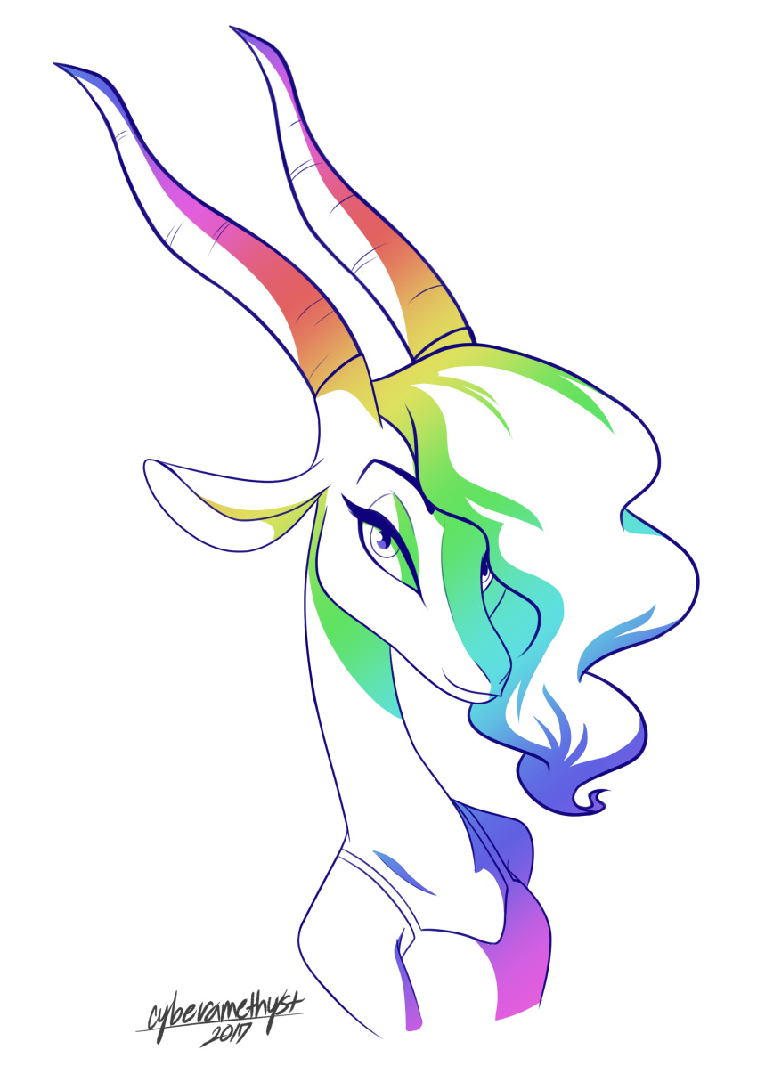 2017 absurd_res antelope anthro bangs bovid clothed clothing cyberamethyst disney female gazelle gazelle_(zootopia) hair headshot_portrait hi_res horn long_neck looking_at_viewer mammal multicolored_hair multicolored_horn portrait rainbow_hair rainbow_horn restricted_palette simple_background solo wavy_hair white_background zootopia