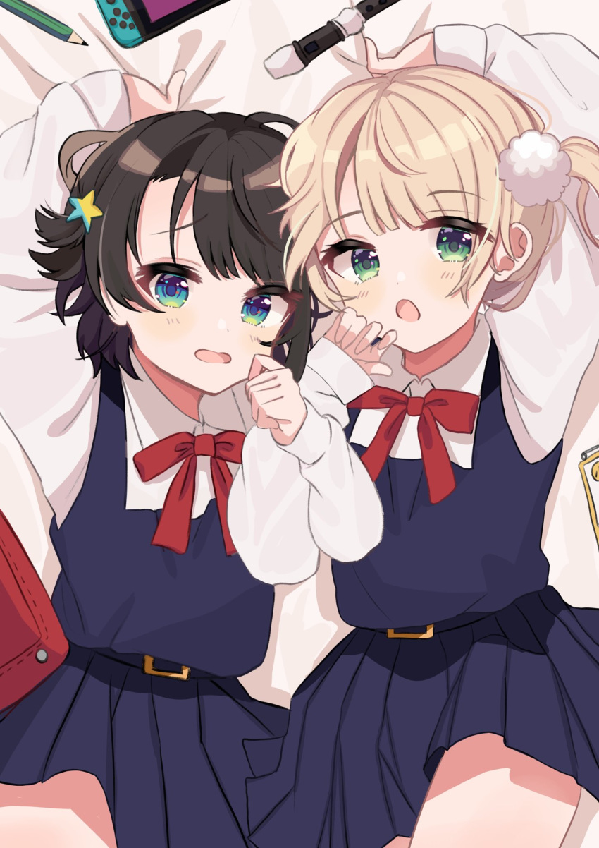2girls :d alternate_costume bag bangs bed_sheet belt black_hair blonde_hair blue_belt blue_eyes blush bow bowtie collared_shirt commentary_request disconnected_mouth dress eyebrows_visible_through_hair flute from_above gradient_eyes green_eyes hair_ornament highres hololive imoricohafu indie_virtual_youtuber instrument locked_arms long_sleeves lying multicolored multicolored_eyes multiple_girls nintendo_switch on_back oozora_subaru open_mouth pencil pinafore_dress pleated_dress puffy_long_sleeves puffy_sleeves red_backpack red_bow red_neckwear school_uniform shigure_ui_(vtuber) shirt short_hair smile star_(symbol) star_hair_ornament virtual_youtuber white_shirt younger