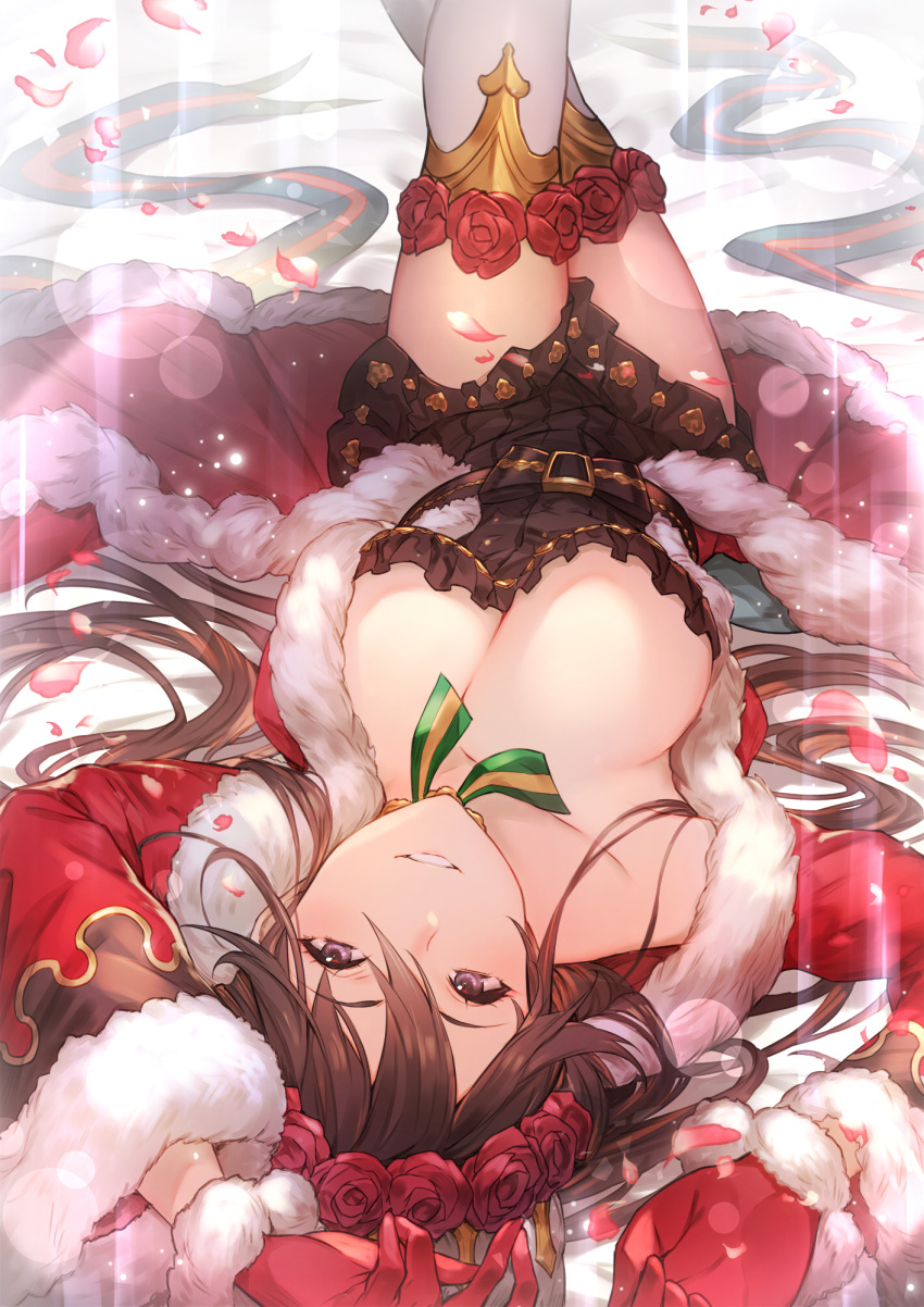 1girl bangs black_dress blush breasts brown_hair cleavage coat dress flower fur-trimmed_coat fur_trim gloves granblue_fantasy hair_between_eyes hair_flower hair_ornament highres kakage large_breasts legs_up long_hair long_sleeves looking_at_viewer petals red_coat red_gloves ribbon rose rosetta_(granblue_fantasy) short_dress smile solo striped striped_ribbon thighhighs thighs upside-down white_legwear