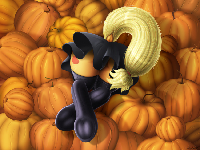 4:3 applejack_(mlp) awalex butt clothed clothing cutie_mark equid equine female feral food friendship_is_magic fruit hasbro hi_res legwear mammal my_little_pony orange_body plant pumpkin solo tail_aside thigh_highs