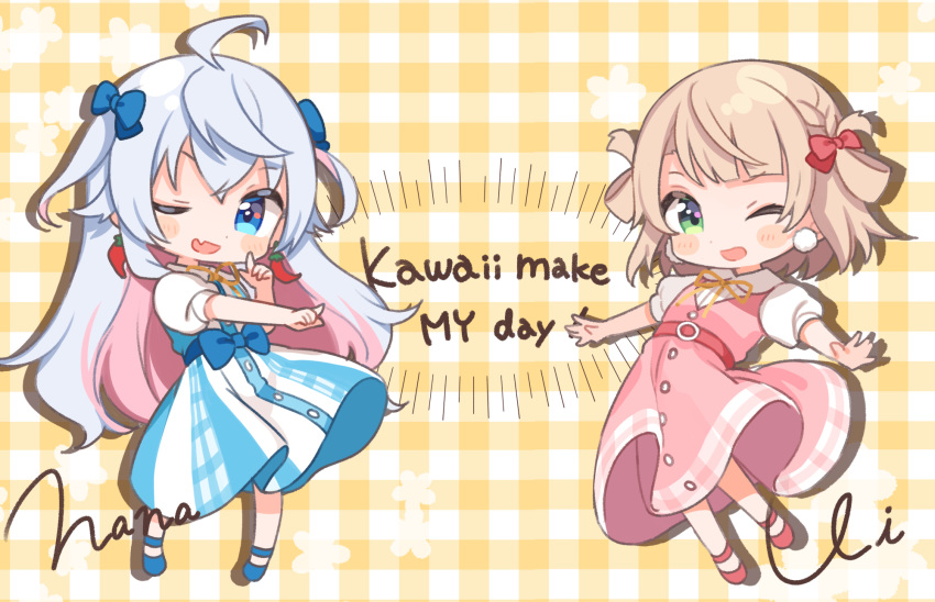 2girls :d ;d ahoge artist_self-insert bangs blonde_hair blue_bow blue_eyes blue_footwear blush_stickers bow braid buttons chibi colored_inner_hair commentary_request crossed_bangs dot_nose dress earrings english_text eyebrows_visible_through_hair fang full_body gingham gingham_background green_eyes grey_hair hair_between_eyes hair_bow heart high_belt highres indie_virtual_youtuber jewelry kagura_nana light_brown_hair long_hair multicolored_hair multiple_girls nanakagu_karatou_ch neck_ribbon official_art one_eye_closed open_mouth outstretched_arms pink_hair puffy_short_sleeves puffy_sleeves red_bow red_footwear red_pepper_earrings ribbon shigure_ui shigure_ui_(vtuber) shirt shoes short_hair short_sleeves signature skin_fang smile standing standing_on_one_leg two_side_up very_long_hair virtual_youtuber waist_bow white_shirt yellow_bow yellow_neckwear