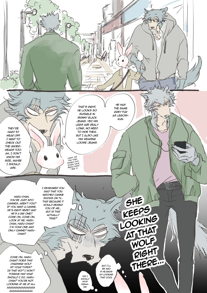 2020 absurd_res alternate_version_at_source angry annoyed anthro beastars bodily_fluids canid canine canis cellphone clothed clothing comic countershade_face countershading dialogue distracted_boyfriend domestic_rabbit duo dwarf_rabbit earbuds empty_eyes english_text eye_scar facial_scar female fur grey_body grey_fur haru_(beastars) headphones hi_res holding_object holding_phone internally_screaming jacket jealous lagomorph legoshi_(beastars) leporid looking_at_another looking_down male mammal meme mizue oryctolagus phone rabbit scar shirt shoulder_bag smartphone speech_bubble standing store_front sweat sweatdrop text thought_bubble topwear translated walking white_body white_fur wolf