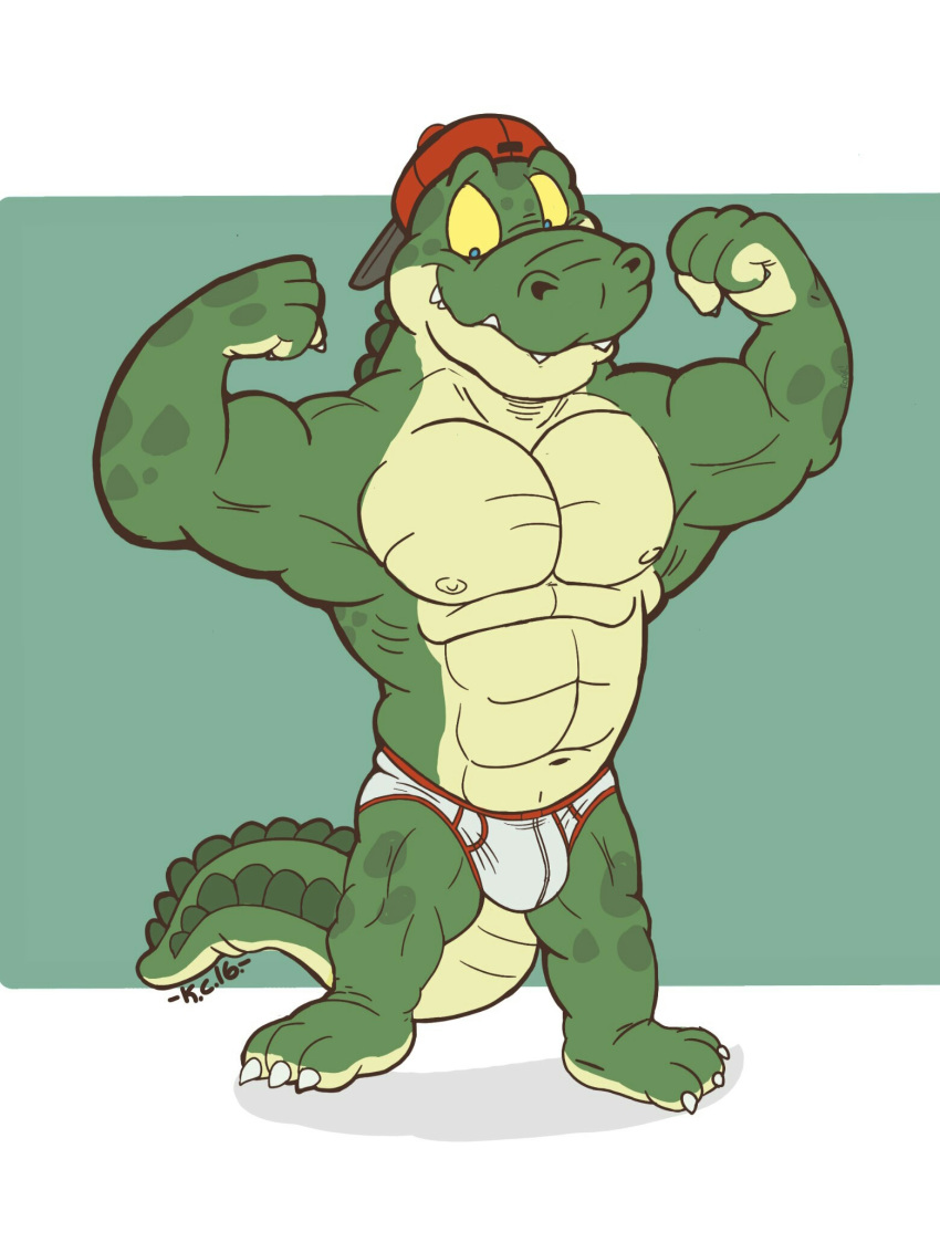 2016 abs anthro backwards_baseball_cap barefoot baseball_cap biped briefs bulge clothing crocodile crocodilian crocodylid flat_colors flexing front_view hat headgear headwear hi_res krunchycroc looking_down male muscular muscular_anthro muscular_male nipples pecs reptile scalie signature solo tighty_whities underwear white_clothing white_underwear