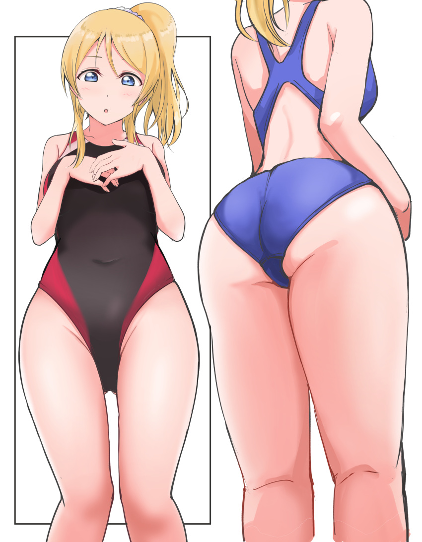 1girl absurdres ass ass_visible_through_thighs ayase_eli blonde_hair blue_eyes covered_navel hands_on_own_chest highres looking_at_viewer love_live! love_live!_school_idol_project multiple_views one-piece_swimsuit ponytail scrunchie swimsuit thighs wewe white_background white_scrunchie