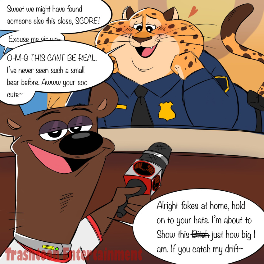 &lt;3 1:1 anthro benjamin_clawhauser cheetah disney duo english_text felid feline hi_res interview male male/male mammal microphone overweight overweight_male police text trashtoonz ursid zootopia