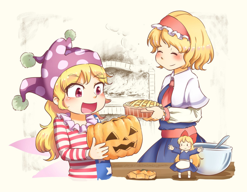 2girls :d alice_margatroid american_flag_dress apron blonde_hair blue_dress bow bowl brick_oven calcmis_gowa capelet closed_eyes clownpiece commentary_request dress eyebrows_visible_through_hair fire food hair_bow hairband hat holding holding_food jack-o'-lantern jester_cap lolita_hairband long_hair long_sleeves looking_to_the_side multiple_girls neckerchief open_mouth outstretched_arms pie polka_dot_headwear purple_headwear red_eyes red_neckwear sash shanghai_doll short_hair smile smoke spread_arms standing table touhou unfinished upper_body very_long_hair waist_apron white_capelet white_sleeves