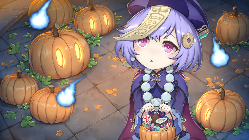 1girl absurdres bangs bendy_straw blue_dress candy coconut commentary_request cropped_jacket dress drinking_straw eyebrows_visible_through_hair food fruit_cup genshin_impact hair_between_eyes hair_ornament halloween halloween_basket hat highres hitodama holding jacket lollipop long_sleeves looking_away looking_up ofuda purple_eyes purple_hair purple_headwear purple_jacket qing_guanmao qiqi solo standing swirl_lollipop wide_sleeves yuki7128