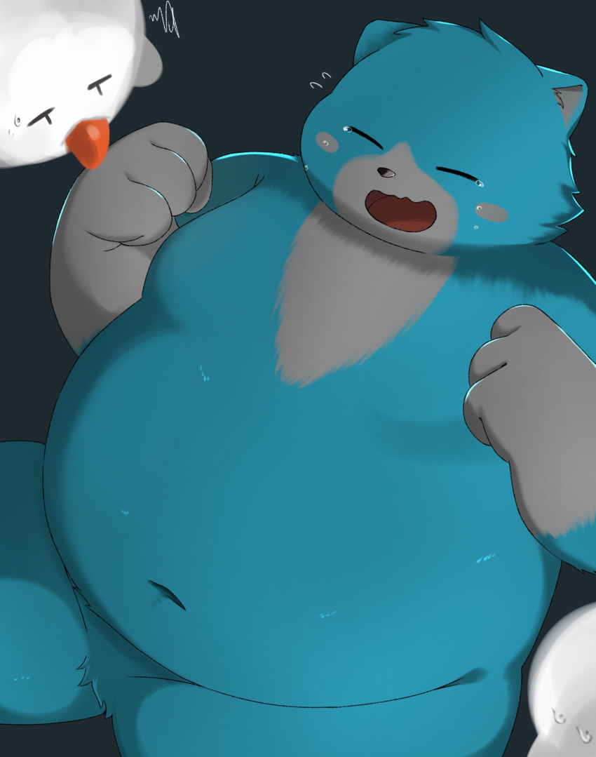 2020 anthro belly blue_body blue_fur bodily_fluids cheek_tuft crying eyes_closed facial_tuft fur group head_tuft hi_res inner_ear_fluff kemono male mammal moosh navel nintendo oracle_of_ages oracle_of_seasons overweight overweight_male scared tears the_legend_of_zelda trail_arnak tuft ursid video_games white_body white_fur