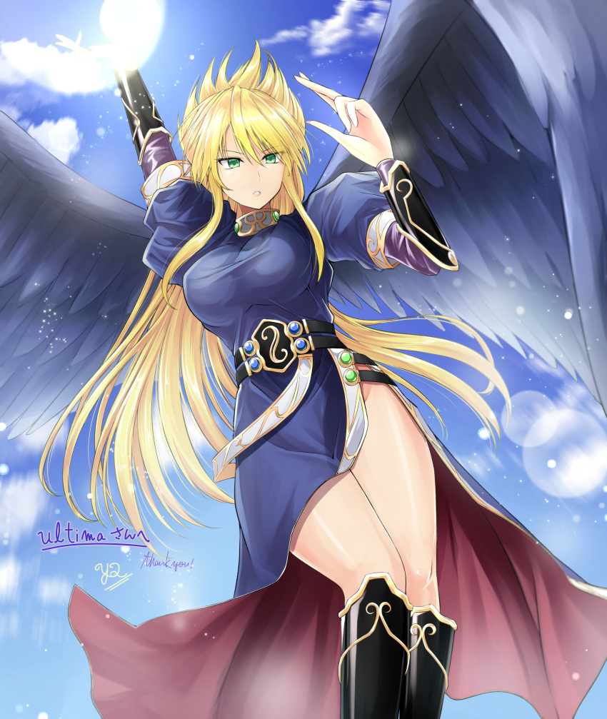 1girl absurdres angel_wings artist_name blonde_hair blue_sky boots breasts breath_of_fire breath_of_fire_ii bridal_gauntlets cloud commission commissioner_upload day dress flying green_eyes hand_up highres knee_boots large_breasts lens_flare long_hair nina_(breath_of_fire_ii) purple_wings side_slit signature skeb_commission sky solo wings y2