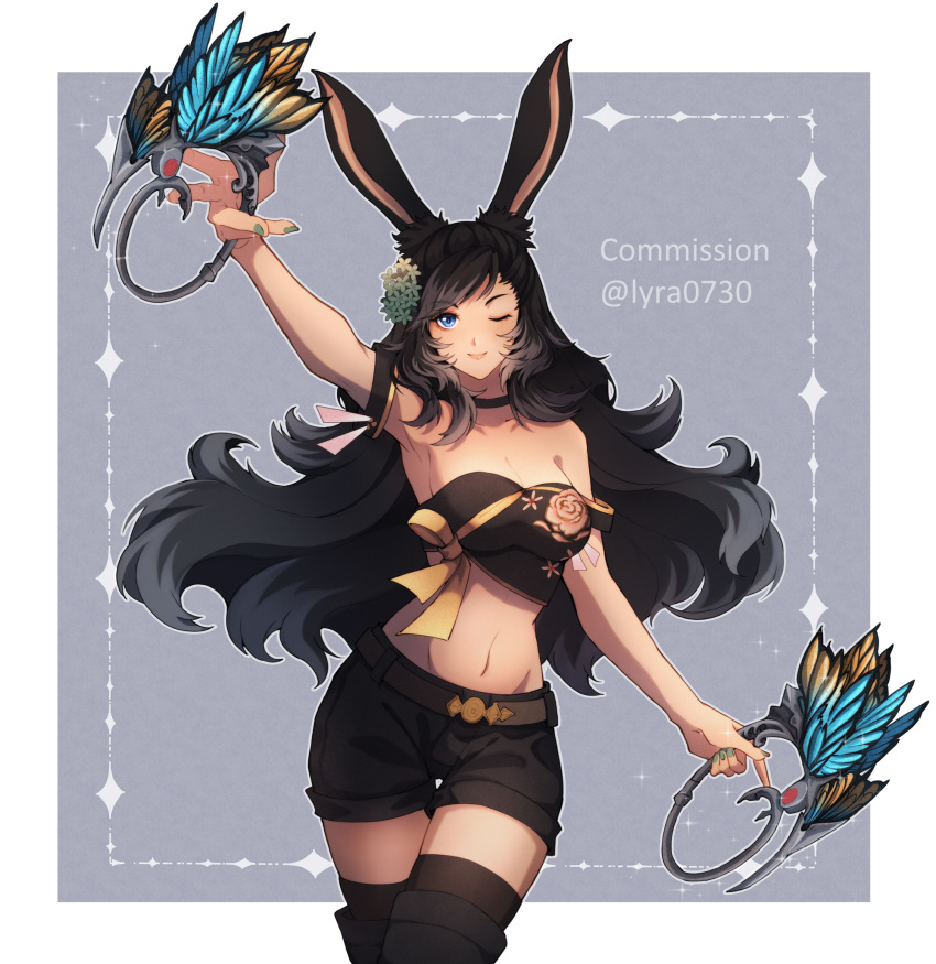 1girl animal_ears arm_up bandeau bangs bare_shoulders belt black_hair blue_eyes boots border bunny_ears chakram choker commission cowboy_shot dancer_(final_fantasy) eyebrows_visible_through_hair final_fantasy final_fantasy_xiv highres long_hair looking_at_viewer lyra-kotto midriff navel one_eye_closed outside_border shorts solo strapless swept_bangs thigh_boots thighhighs thighhighs_under_boots twitter_username viera weapon white_border