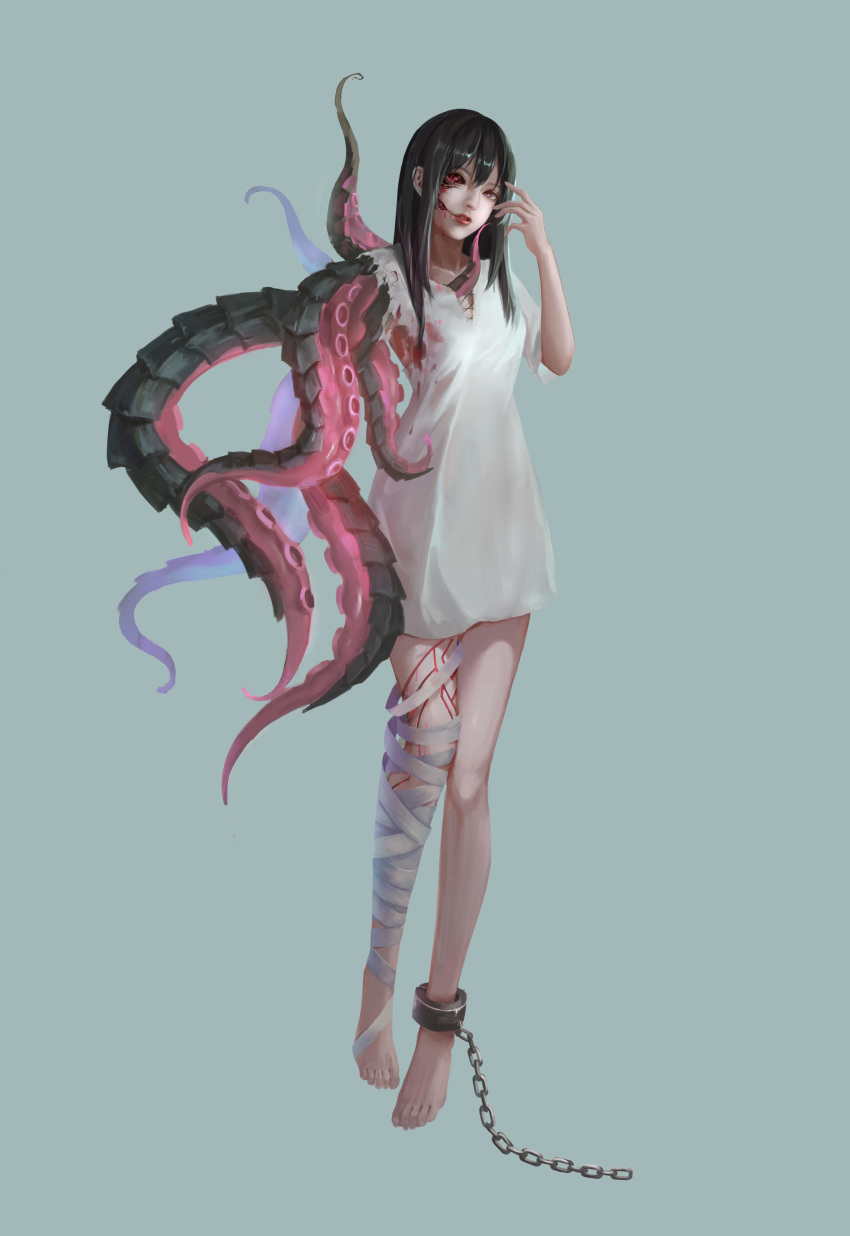 1girl absurdres bandaged_leg bandages barefoot black_hair blood blue_pupils collarbone eldritch_abomination extra_eyes hair_between_eyes heterochromia highres long_hair lunaplum original parted_lips pink_lips purple_eyes red_eyes red_sclera solo tentacles torn torn_clothes