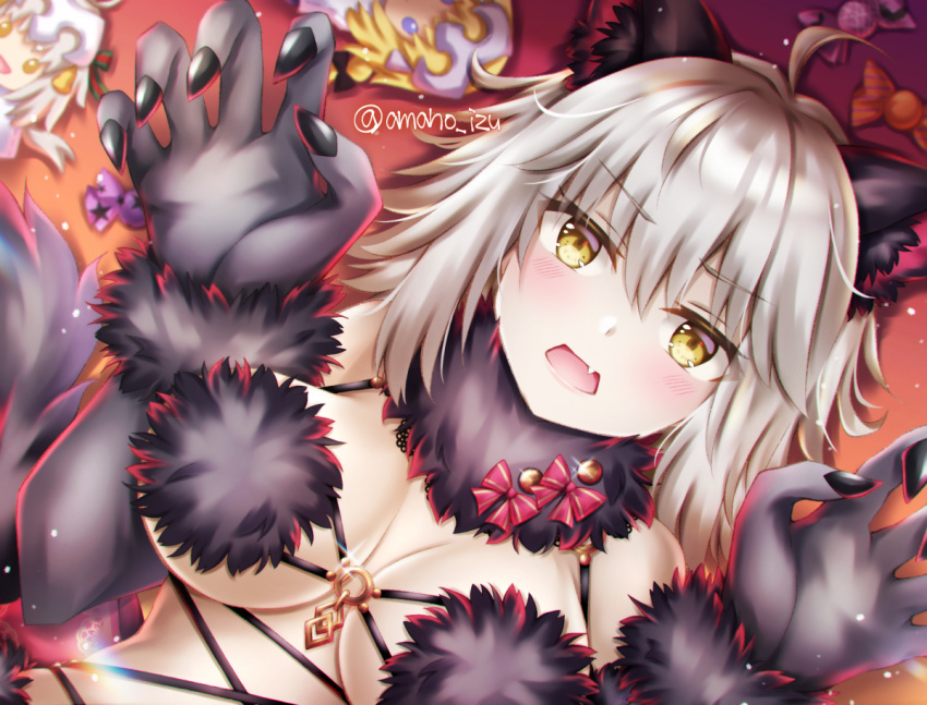 1girl ahoge amanoizu animal_ears bangs bare_shoulders blush breasts candy claw_pose cleavage cosplay dangerous_beast doll elbow_gloves fate/apocrypha fate/grand_order fate_(series) food fur-trimmed_gloves fur_collar fur_trim gloves halloween halloween_costume jeanne_d'arc_(alter)_(fate) jeanne_d'arc_(fate) jeanne_d'arc_(fate)_(all) jeanne_d'arc_alter_santa_lily large_breasts looking_at_viewer mash_kyrielight mash_kyrielight_(cosplay) o-ring open_mouth revealing_clothes short_hair silver_hair tail wolf_ears wolf_tail yellow_eyes